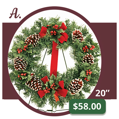 A - Large White-Tipped Red Cone Wreath & Bow