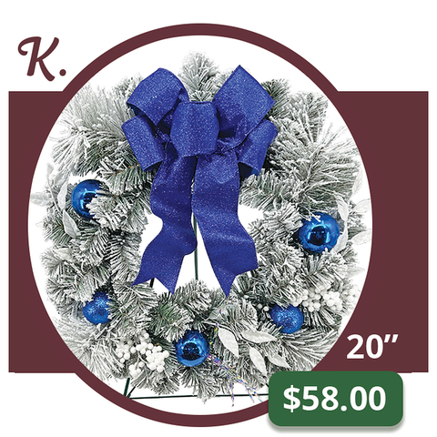 K - 20" Frosted Winter Wreath with Royal Blue Bow